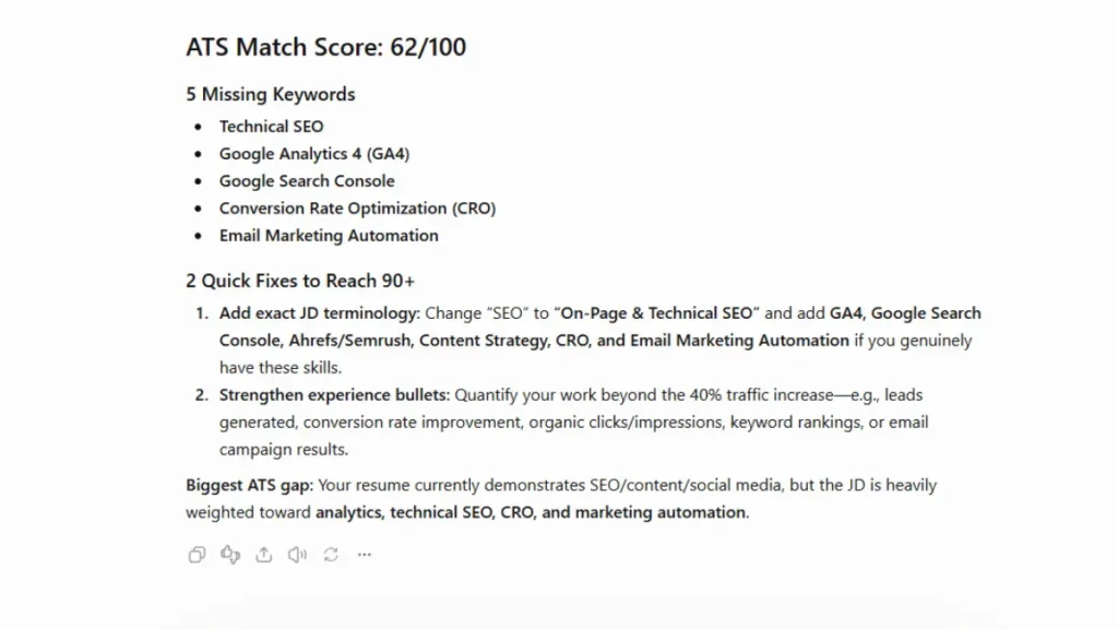 Checking resume ATS match score and missing keywords using ChatGPT prompt