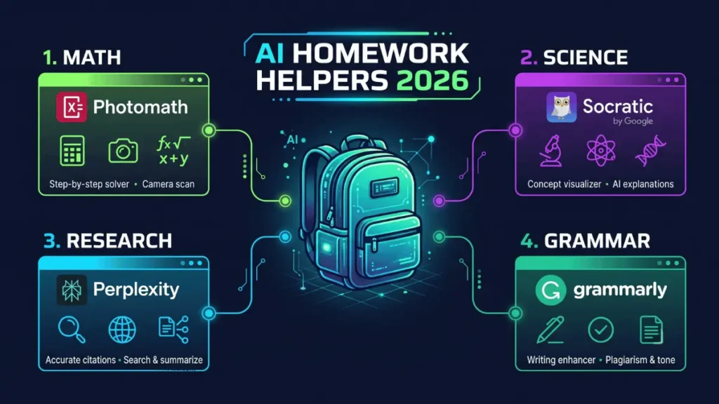 Subject wise best free AI tools for homework help infographic