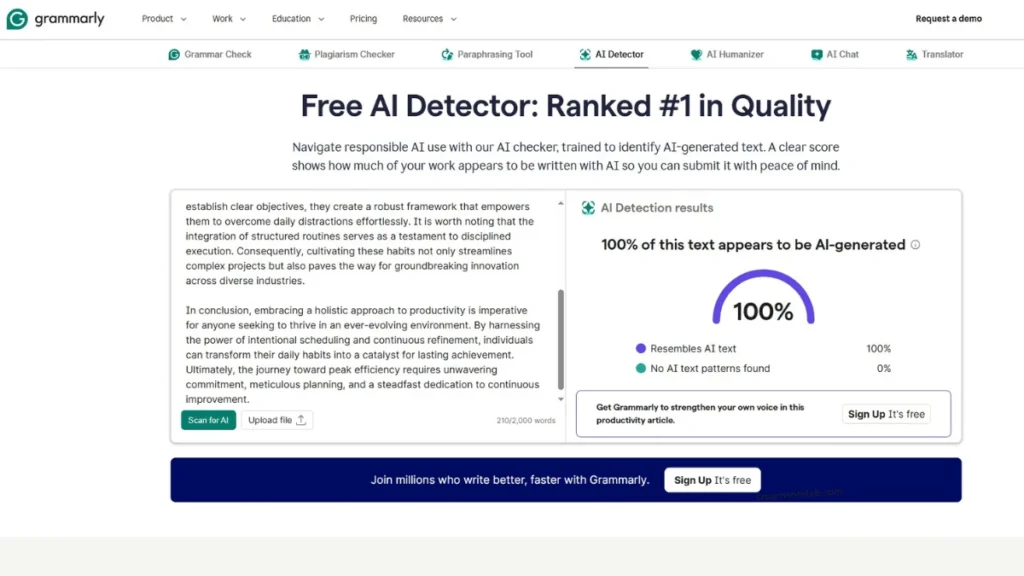 Grammarly AI Checker showing 100 percent AI generated text score on raw ChatGPT draft