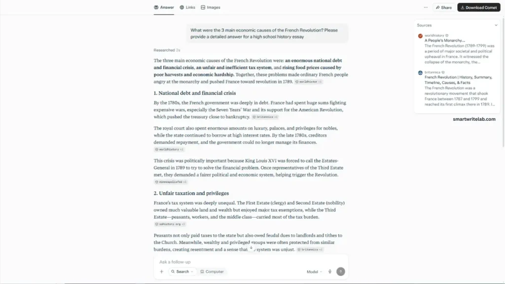 Perplexity AI showing accurate history essay research with real website source links and citations