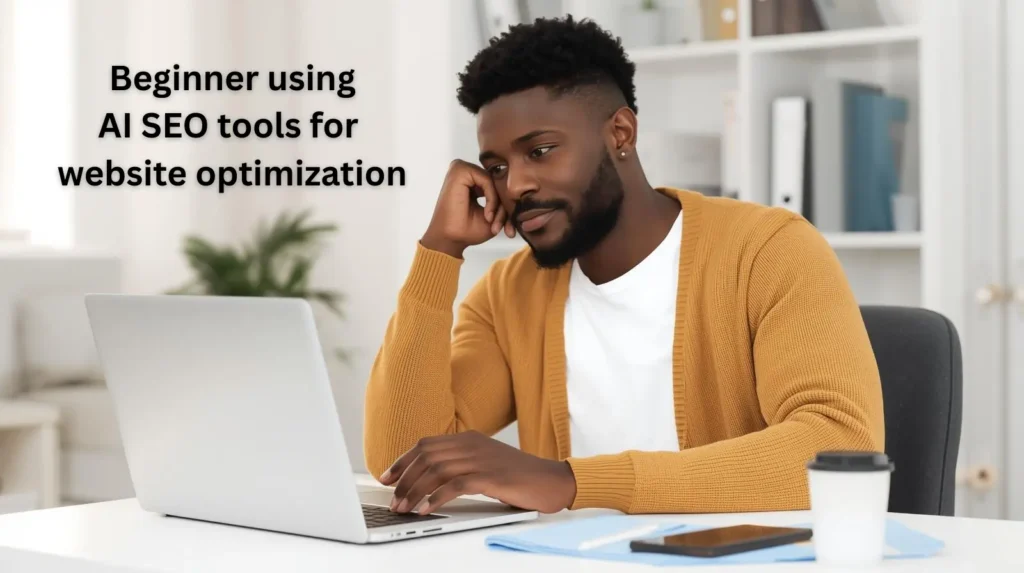 Beginner using AI SEO tools for website optimization