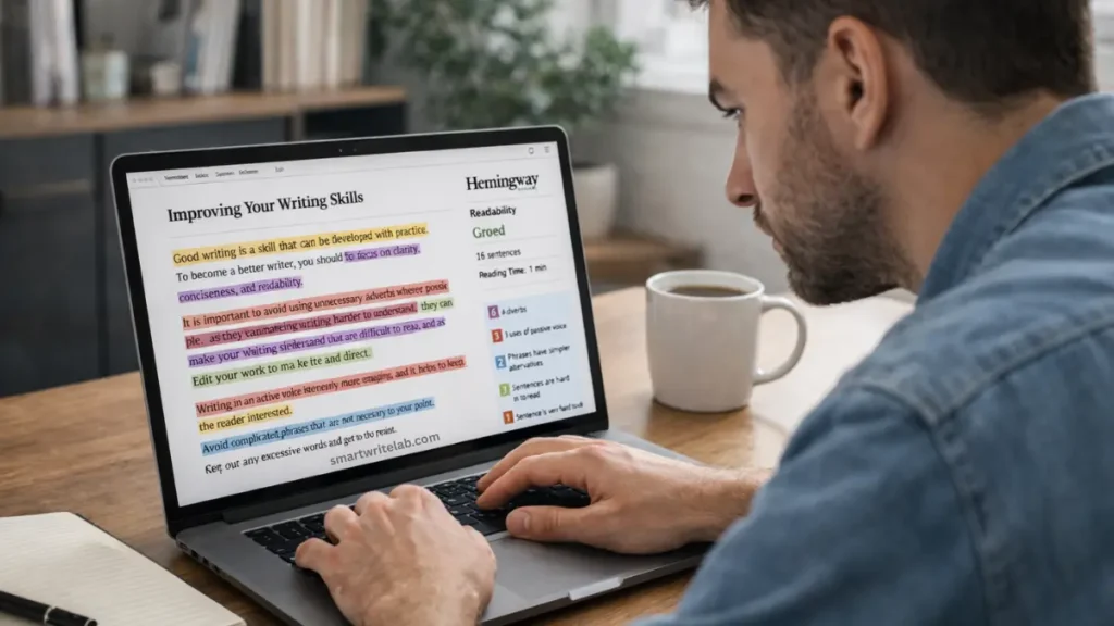 Blogger using Hemingway Editor to improve readability