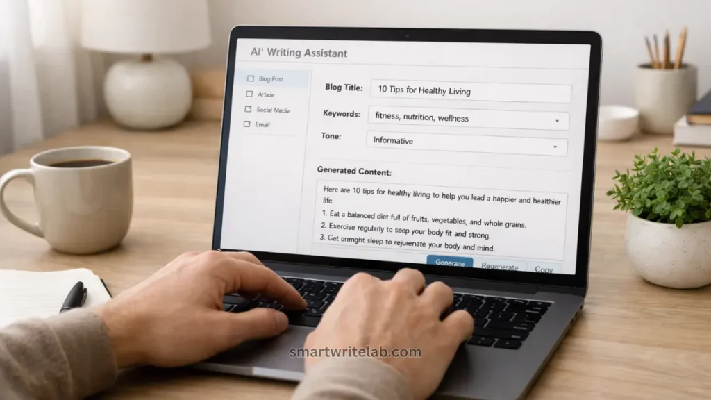 blogger using ai writing tools on laptop