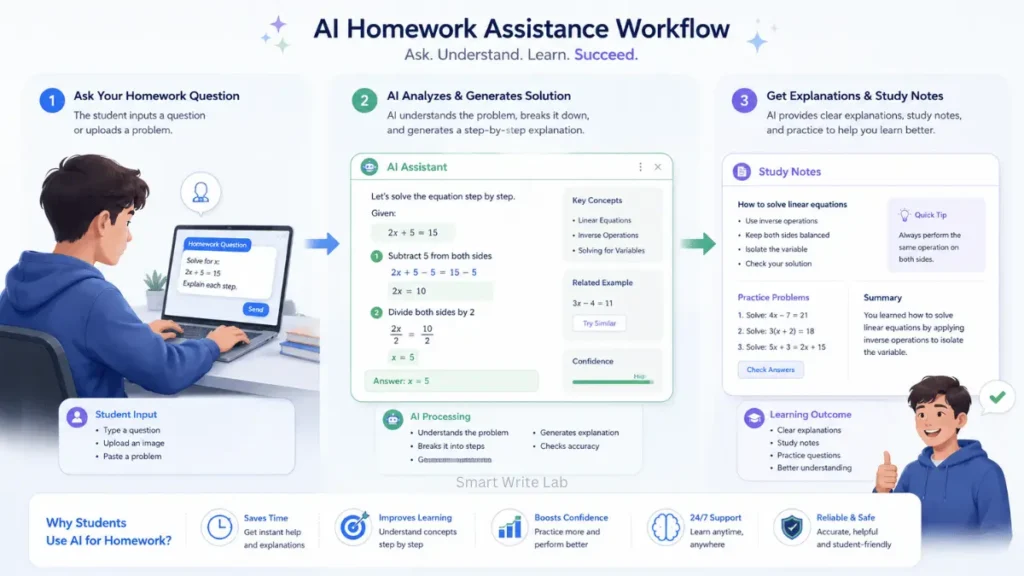 AI homework assistant workflow showing question analysis and step-by-step learning support