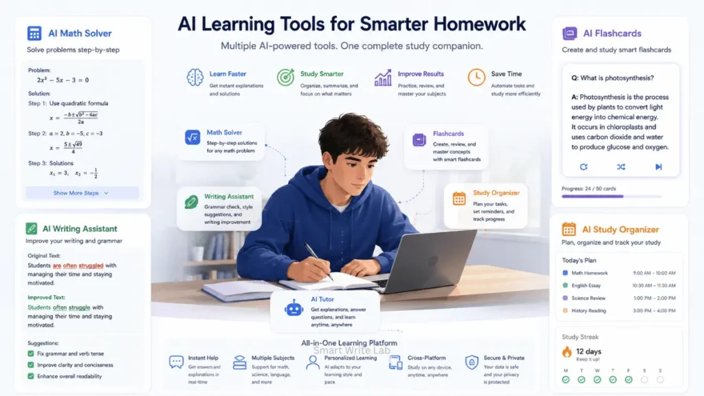 AI-powered learning tools helping students with homework, notes, and exam preparation