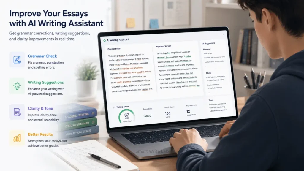 Student improving homework assignments with an AI writing assistant