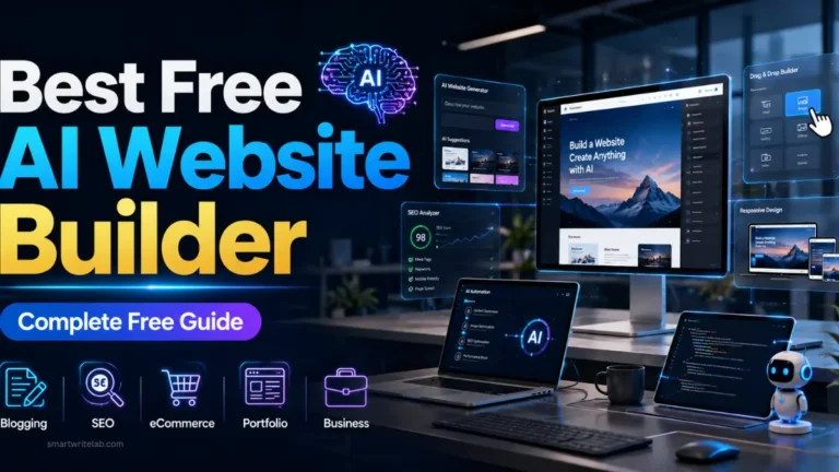 Best Free AI Website Builder comparison guide featuring Wix, Hostinger, Mobirise, Shopify, Durable and Squarespace AI tools.